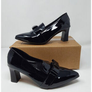 Women’s Black Patent Block Heel Pumps Pointed Toe Loafer Style